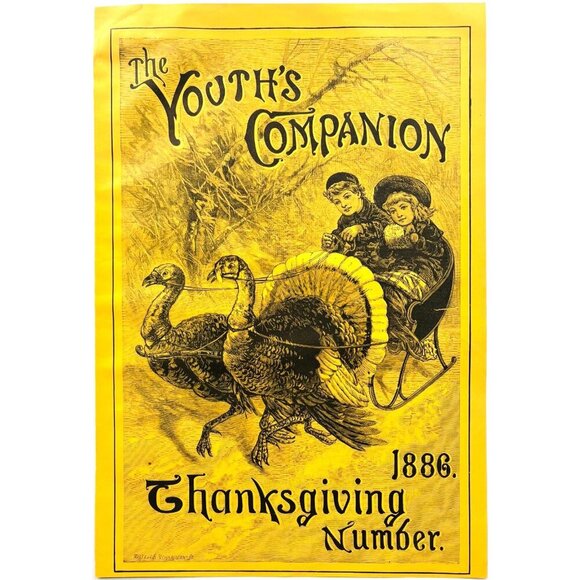 1886 Thanksgiving Wood Engraving Youths Companion Cover Page Turkey Sleigh DWYY8 - Picture 2 of 2
